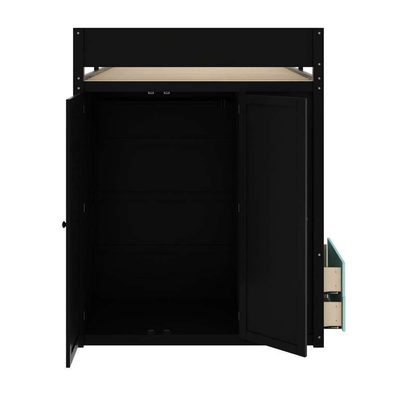 Cadre de lit mezzanine avec armoire et bureau, bande DEL contrôlable par application intelligente, ports de chargement USB pratiques