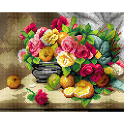 Toile Gobelin pour broderie demi-point sans fil d'après Georges Jeannin - Nature morte aux roses et aux agrumes 3472H