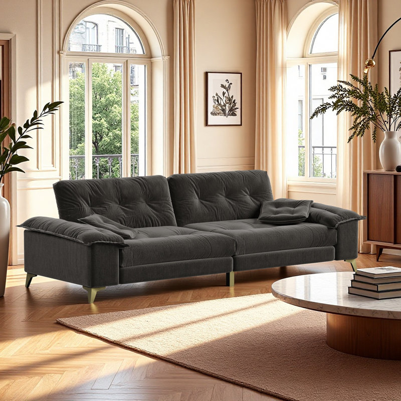 Canapé 104,7 po à 4 places avec chenille de qualité supérieure, accoudoirs amovibles, conception capitonnée haut de gamme et 2 coussins 104,7 po - Assemblage facile, gris foncé