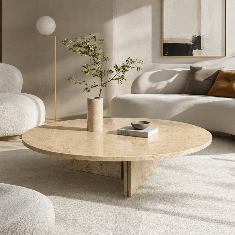 Petite table basse en marbre naturel Glod Yellow Beige, pierre naturelle, H 9,8 po x l 35,4 po x P 35,4 po