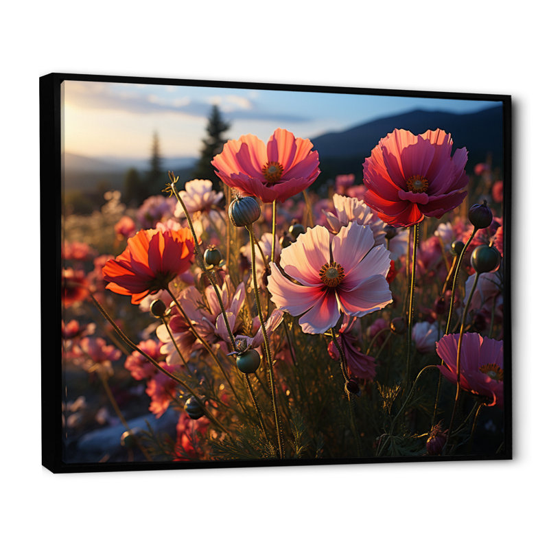 Champs roses de fleurs sauvages, H 16 po x l 32 po x P 1 po, Cadre flottant noir