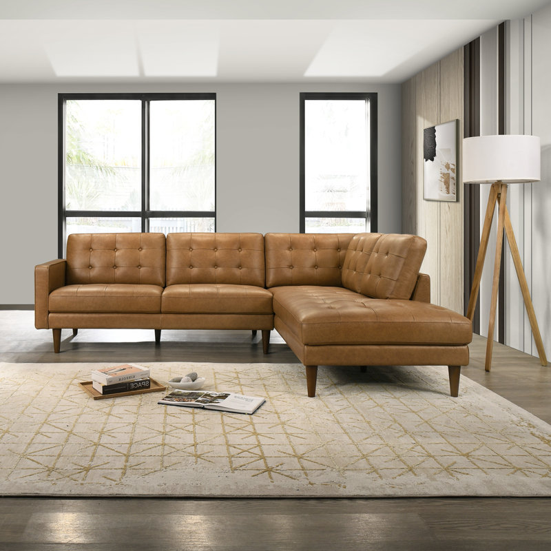 Peart L-Shaped Top-Grain Leather Sectional Sofa & Chaise with Tufted Design, Right Hand Facing