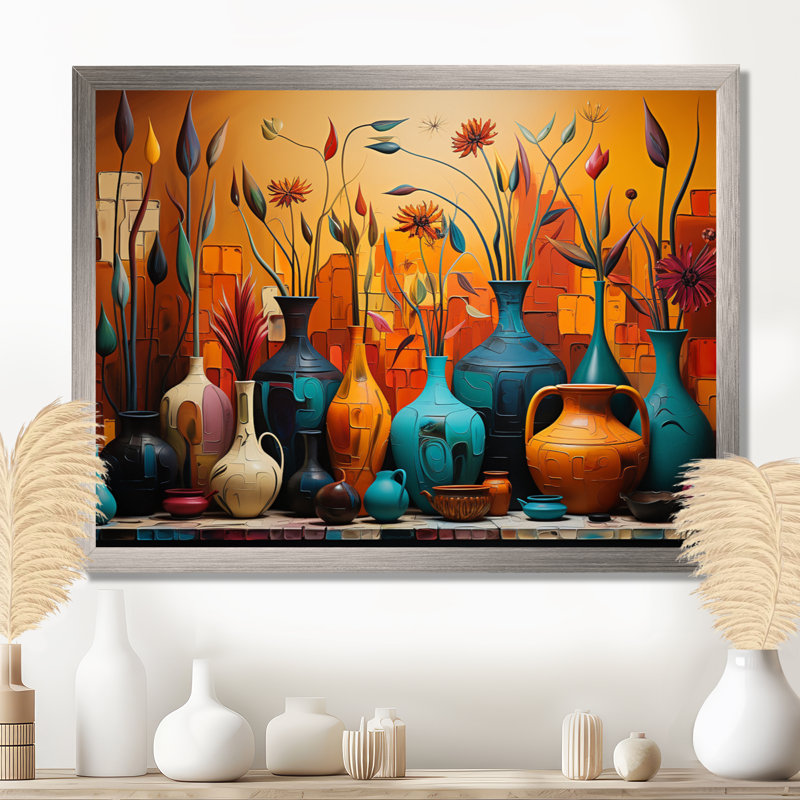 «Orange Boho Pottery Expressions I», art sur toile Boho Pottery, H 16 po x l 32 po x P 1 po, Cadre flottant blanc