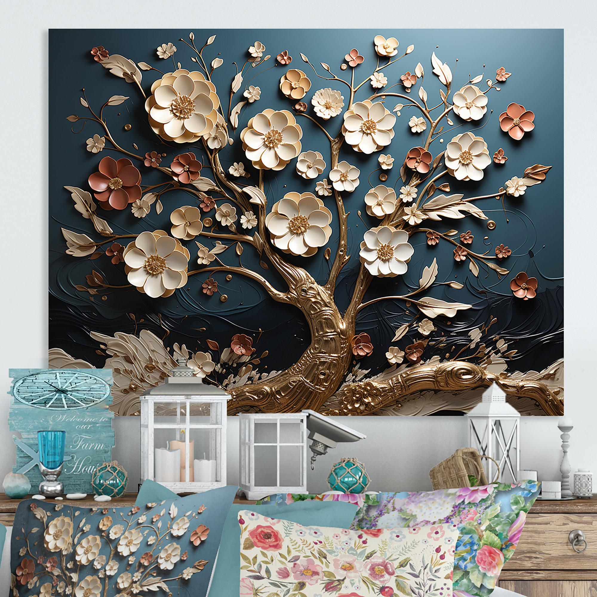 Lark Manor™ White And Blue Orchid Flowers Tree II - Tree Metal Wall Art ...
