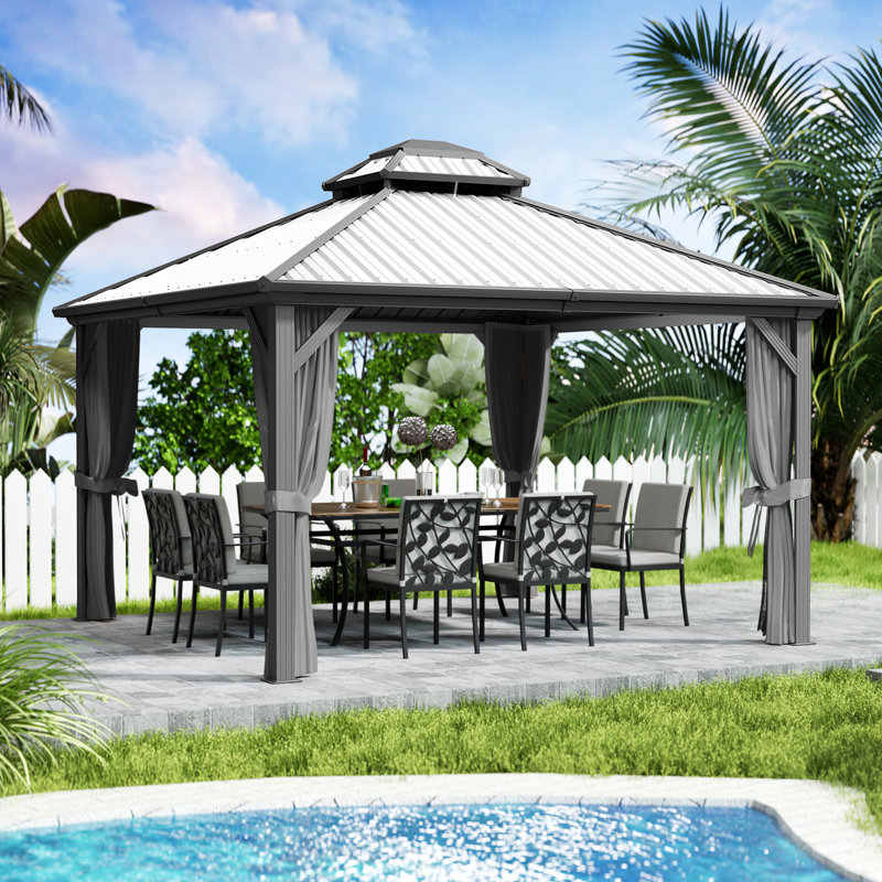 Pavillon de jardin à toit rigide double Kozyard Caesar avec rideau d'intimité et moustiquaire, 144 po x 144 po, Gris, Blanc