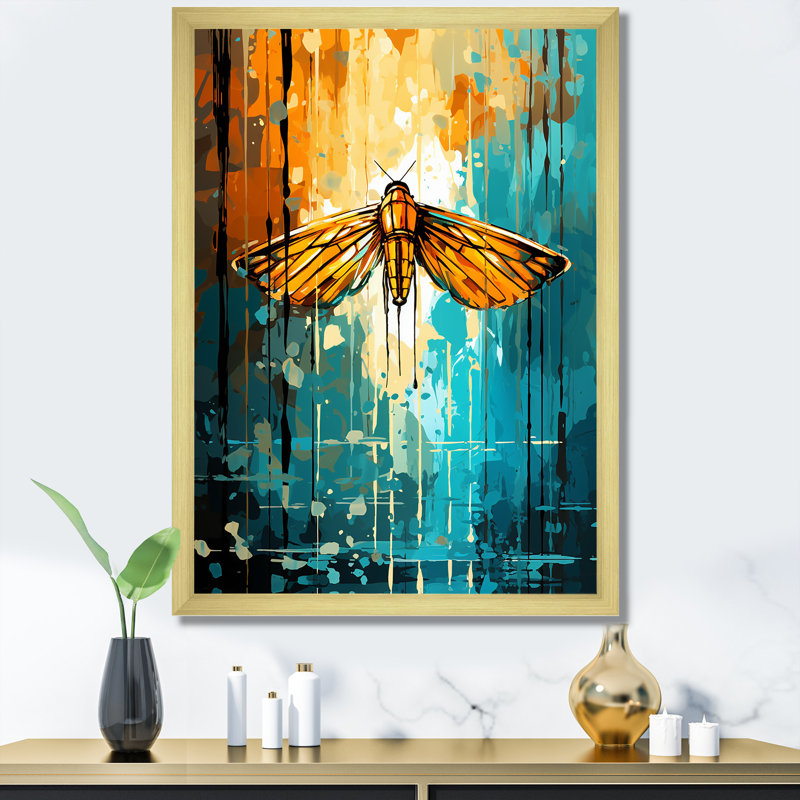 Art mural vert et jaune avec insectes Moth II - insectes et insectes, Cadre doré simple, H 44 po x l 34 po x P 1,5 po