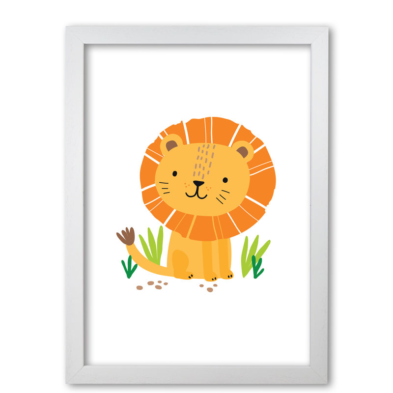 Children's Animals, Lion - Single Picture Frame Print, 30 cm H x 21 cm W x 5 cm D, White Grain Frame