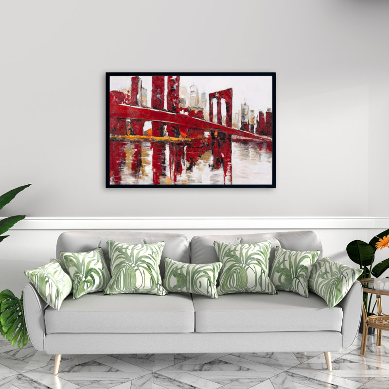 "Pont rouge abstrait et industriel", H 24 po x l 36 po