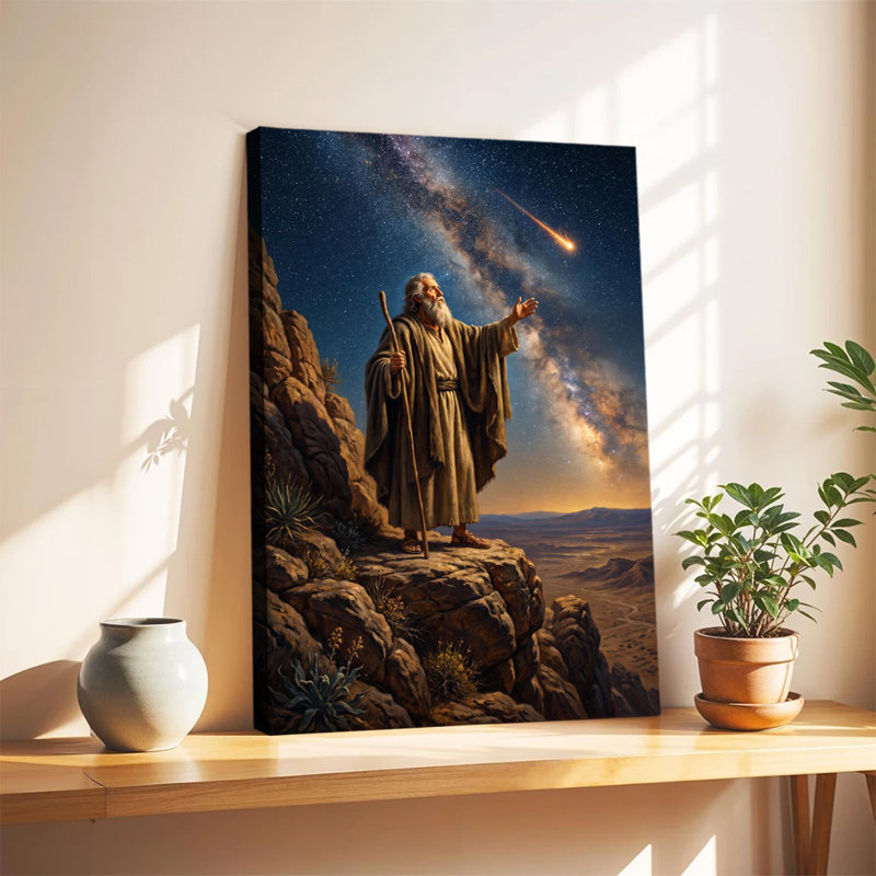 Tableau spirituel sur toile murale représentant une falaise du désert, la Voie lactée et une étoile filante, inspiré des prophéties antiques.