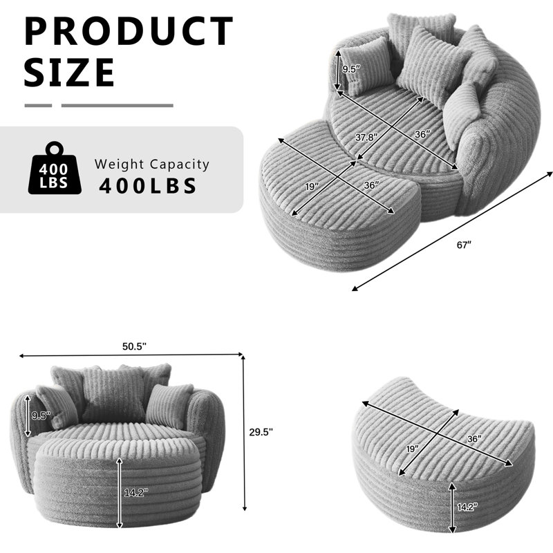 Fauteuil surdimensionné en fausse fourrure et demi-tonneau, Gris clair