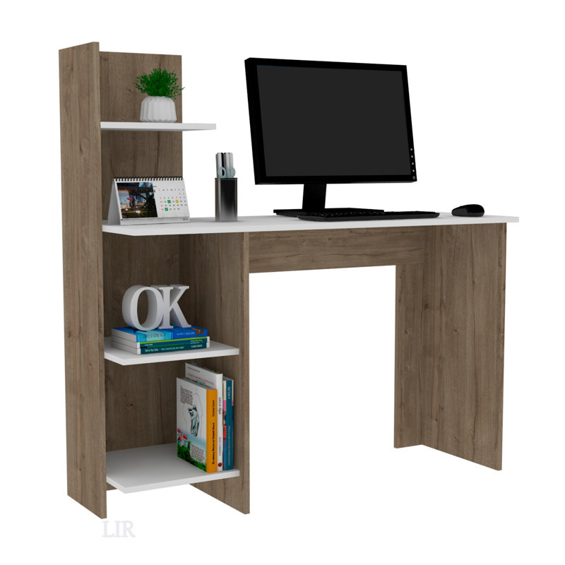 Vilna 120 Writing Desk With Four Shelves, Light Oak And White, For Modern Home Offices And Small Spaces, White/Brown