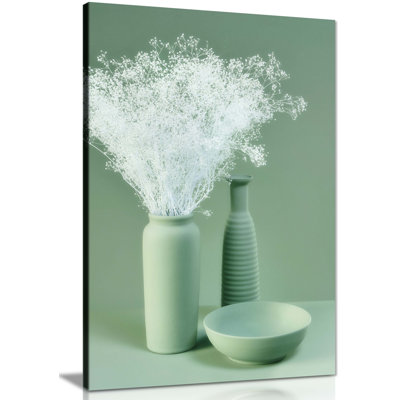 Pastel Green Bowl, Vase And White Bouquet - Wrapped Canvas Print