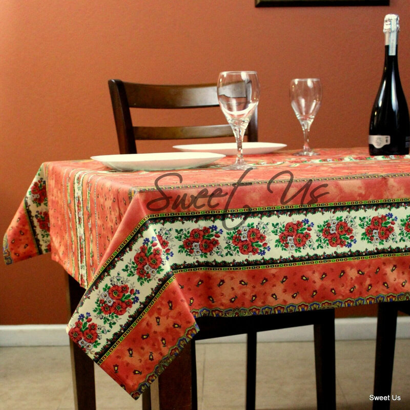 Wipeable Stain Resistant Acrylic Coated French Provencal Cotton Floral Tablecloth Collection, Red