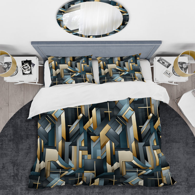 Motif géométrique doré et gris Eilleen - ensemble de housse de couette géométrique - microfibre de polyester
