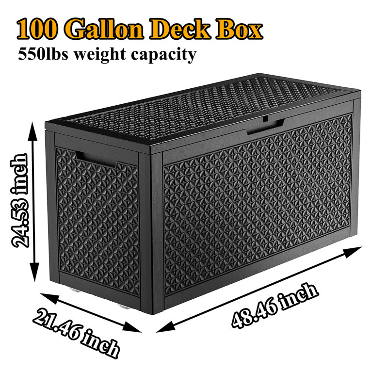 100 Gallon Outdoor Deck Box Weather-Resistant Storage Box for Patio & Garden (Black), Black
