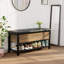 Banc avec rangement, banc à chaussures long avec dessus rabattable, siège rembourré en cuir et tablette inférieure en acier pour couloir-665022494
