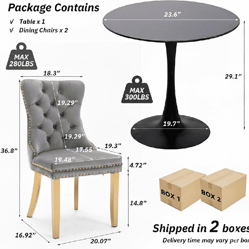 Ensemble de table de salle à manger rond avec 2 chaises, Noir, noir, noir, noir, Gris/doré
