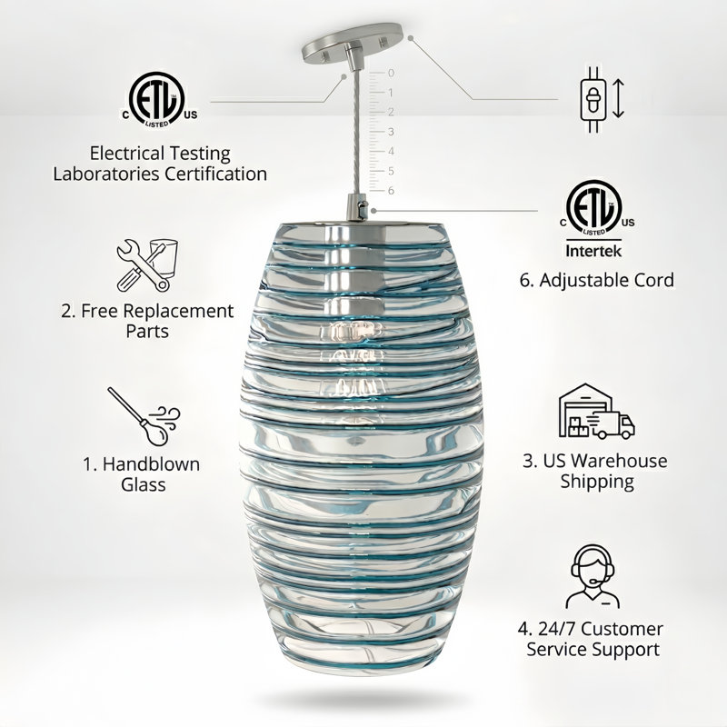 Aref 1-Light Dimmable Handblown Glass Single Pendant, Blue