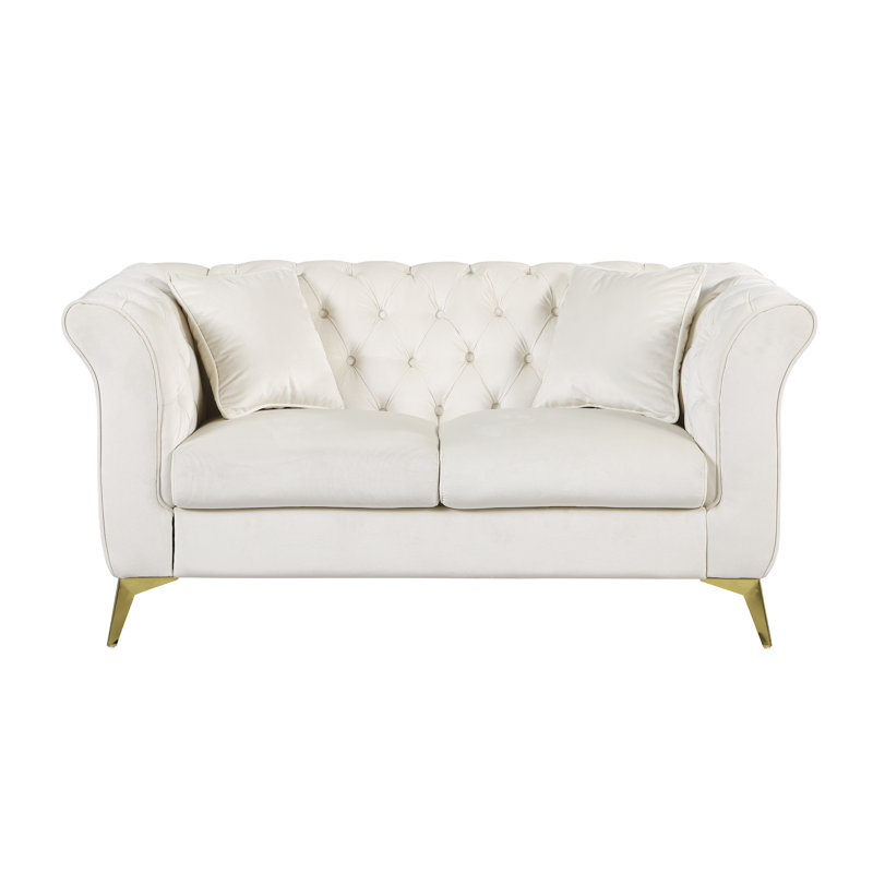 Geneveve 64.2" Velvet Rolled Arm Chesterfield Loveseat, Beige