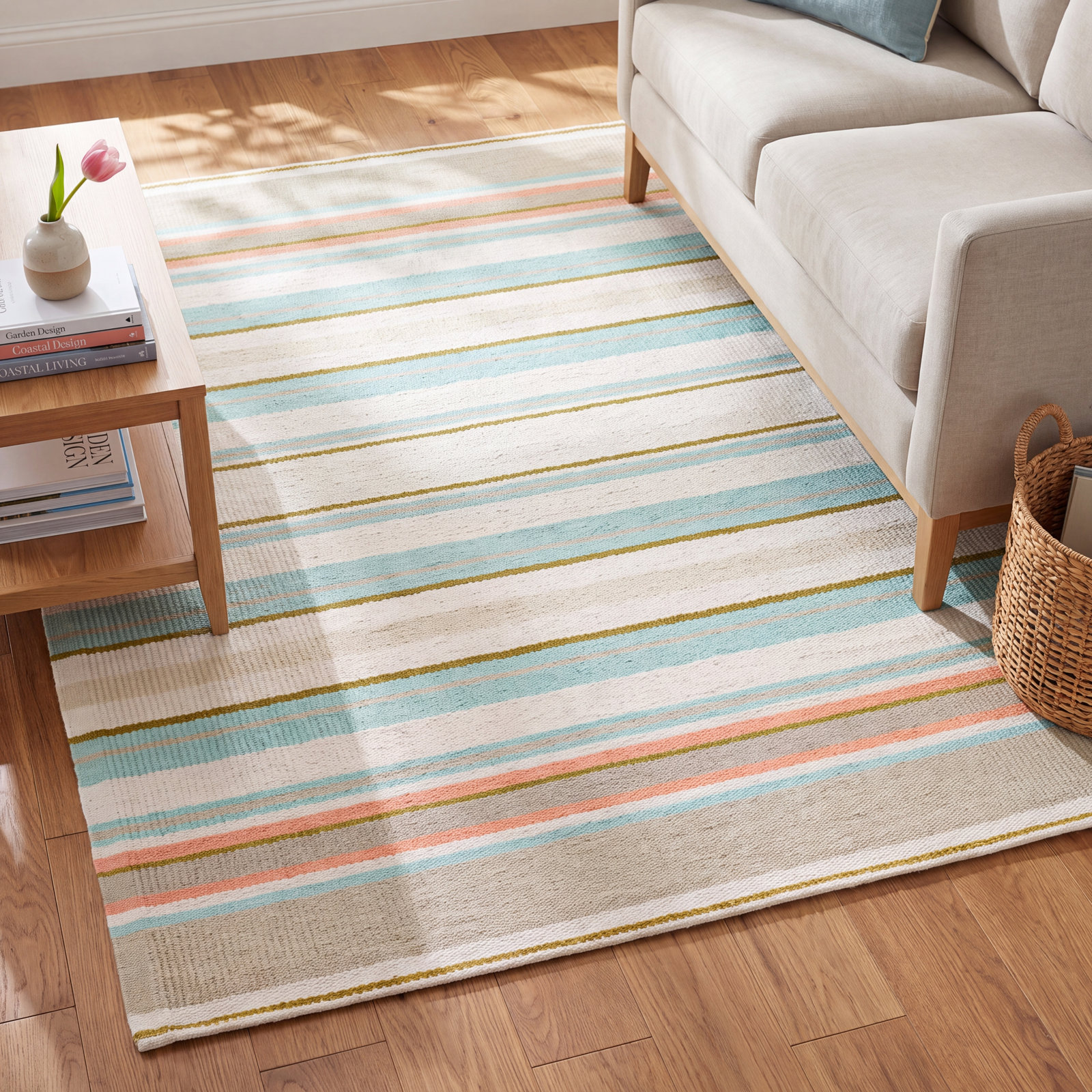 Daphne Sky Hand-Woven Striped Cotton Rug, Rectangle 5' x 8'