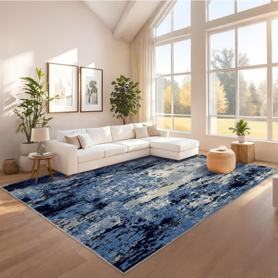 Tapis de chambre abstrait abstrait antidérapant 5 x 7, tapis décoratif contemporain lavable, tapis d'intérieur à poils courts pliable pour le salon, la salle à manger, la chambre de bébé, bleu