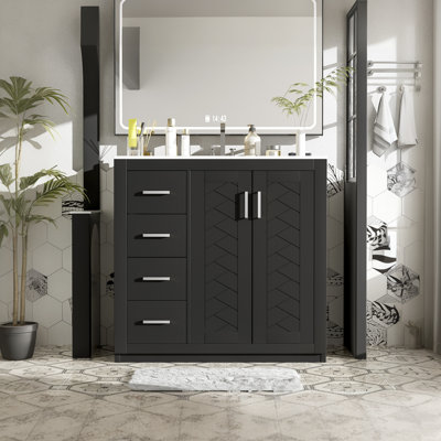 36'' Bathroom Vanity With Ceramic Sink Combo - Solid Wood Frame Storage Cabinet With 3 Drawers & Soft Closing Doors
