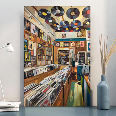 1Pc Canvas 24x36 inches Large Wall Art Record store, vinyl records hanging from the ceiling, impressionist style Framed Wall Decor for Home Decor & Room Decor Print for Home, living Room, Bedroom