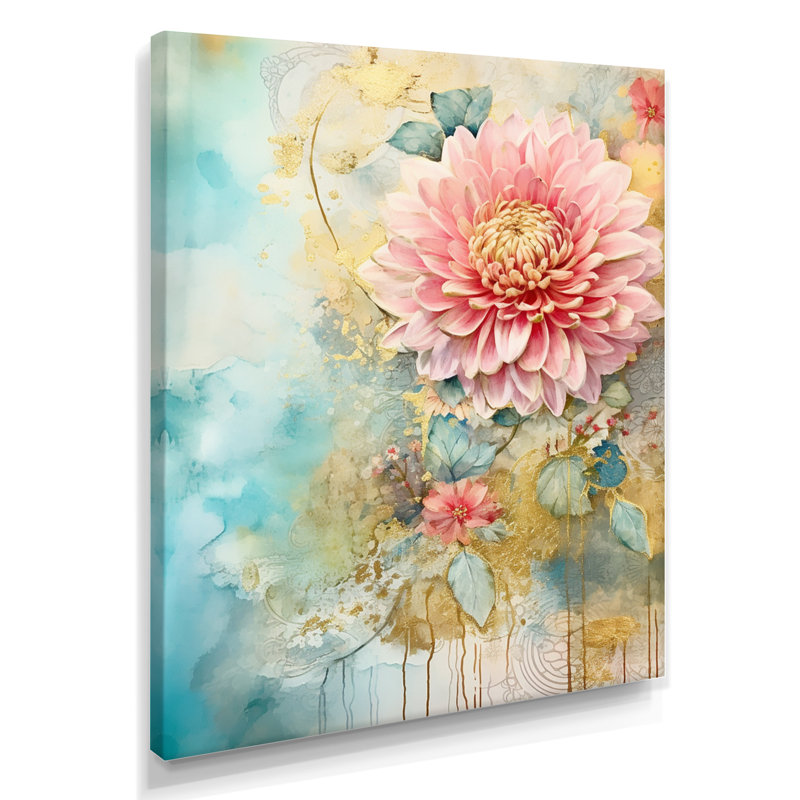 Dahlia rose, rétro, bleu, illustration - impression d'art mural Dahlia, Toile tendue, H 32 po x l 16 po x P 1 po