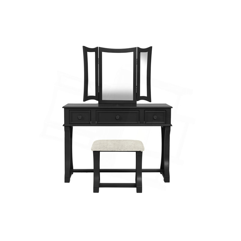 Ensemble de meuble-lavabo unique moderne avec tabouret et tiroirs à miroir pliables avec placage en panneau de fibres à densité moyenne de couleur noire