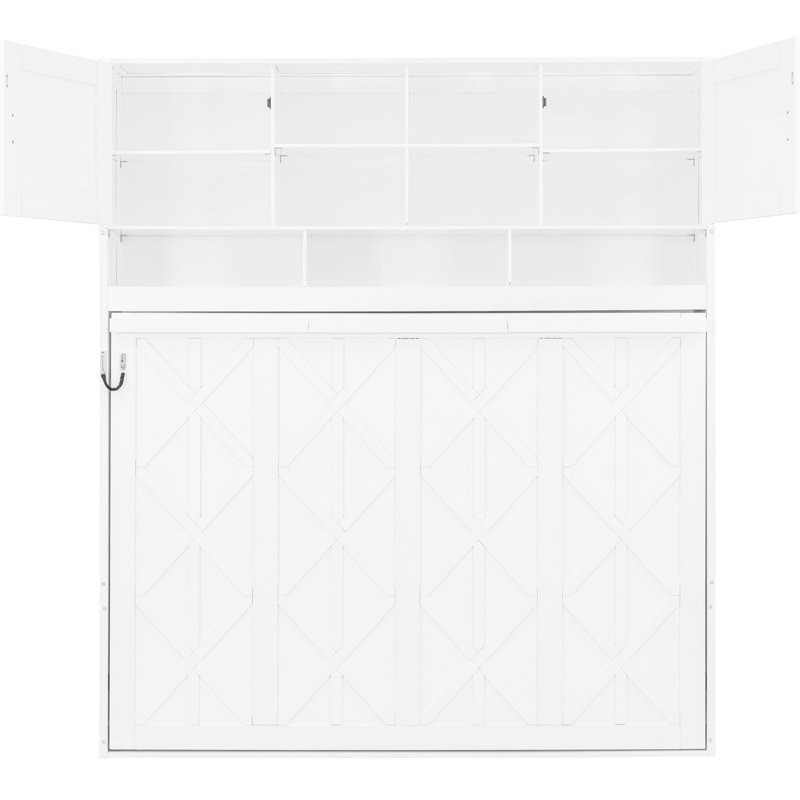 Grand lit mural blanc, doté d'un espace de rangement abondant, d'une apparence à rayures en forme de losange et d'un grand matelas de 6 pouces, avec rangement