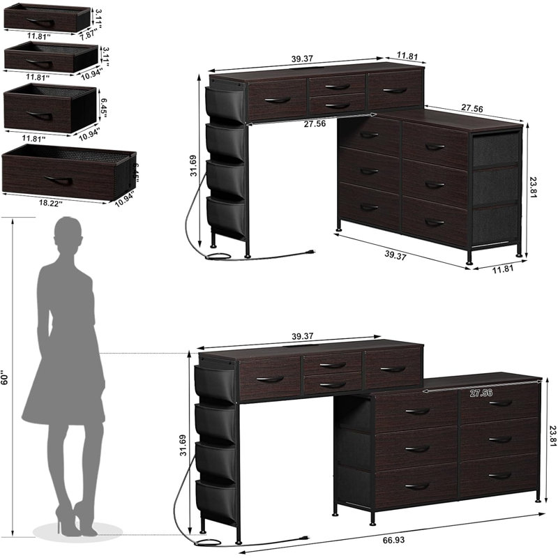 Charging Station And LED Light, 67" Rotatable Vanity Desk With LED Light And Side Pockets, Makeup Table With 10 Fabric Drawers, Modern Home Office Desks