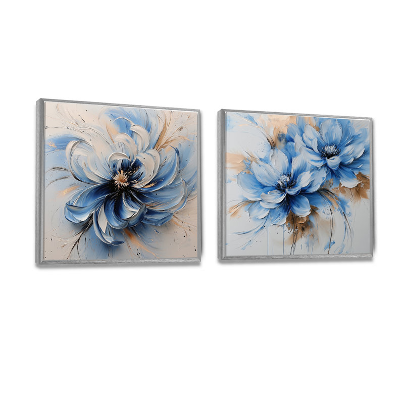 «White Velvet Blue», «Chrysanthemums Ink River II», ensemble d'art mural traditionnel 2 pièces, H 16 po x l 33 po