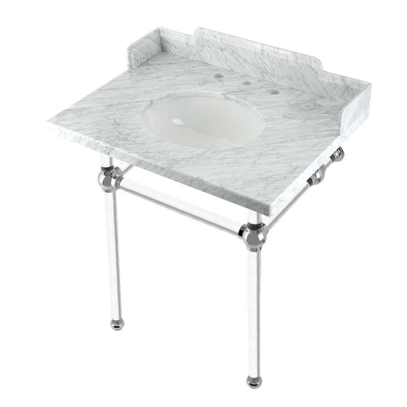 Kingston Brass Pemberton 30-Inch Carrara Marble Console Sink with Acrylic Legs (8-Inch, 3-Hole), Marble White/Polished Nickel