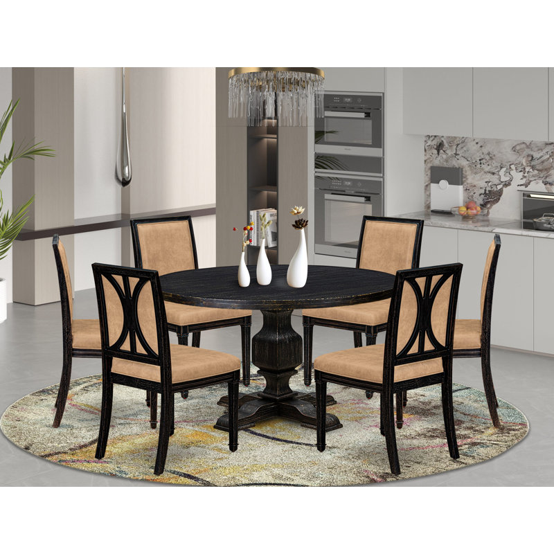 L'ensemble de table de salle à manger 7 pièces se compose d'une table ronde en bois et de 6 chaises en polyester gris foncé avec dossier haut, finition noire sablée.