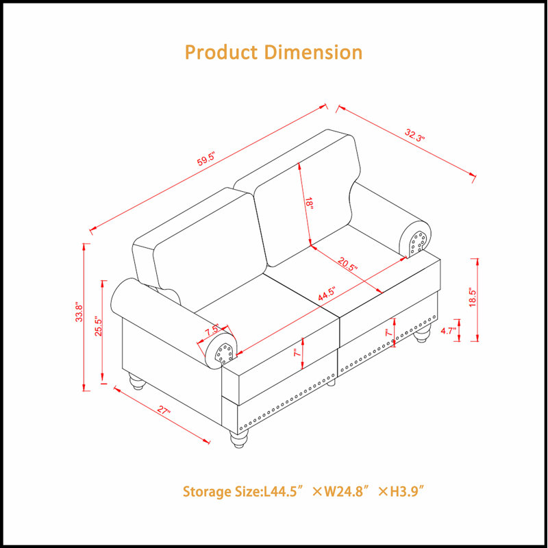 59.5 Inch Classic Design Living Room Loveseat with Nails, Durable Frame, Comfortable Seating, and Hidden Storage, Gray