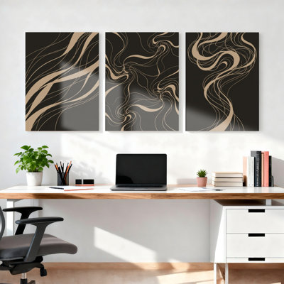 Abstrait motif tourbillonnant sur toile tendue, ensemble de 3 reproductions de peintures à l'huile pour salon