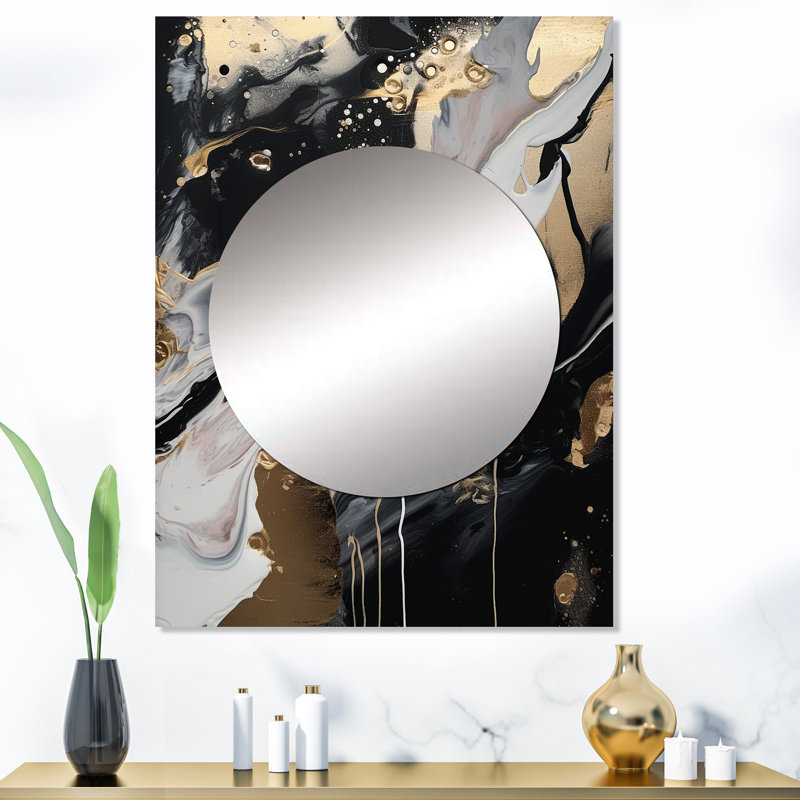 Asael Back And Gold Marble Medley III - Marble Decorative Wall Mirror, Black Large Mirror, Printed Metal Art, 40" x 30"