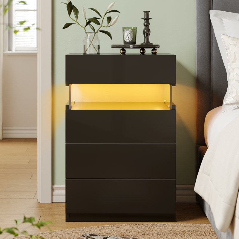 Led Nightstand With 4 Drawers - More Capacity Storage, Black