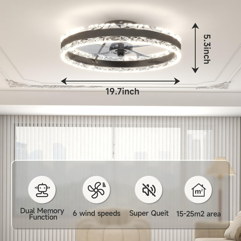 Low Profile Ceiling Fans With Light And Remote, 19.7In Fandelier Ceiling Fan With Light, Dimmable Flush Mount LED Ceiling Fan Light, Black Modern Ceiling Fan Light For Bedroom