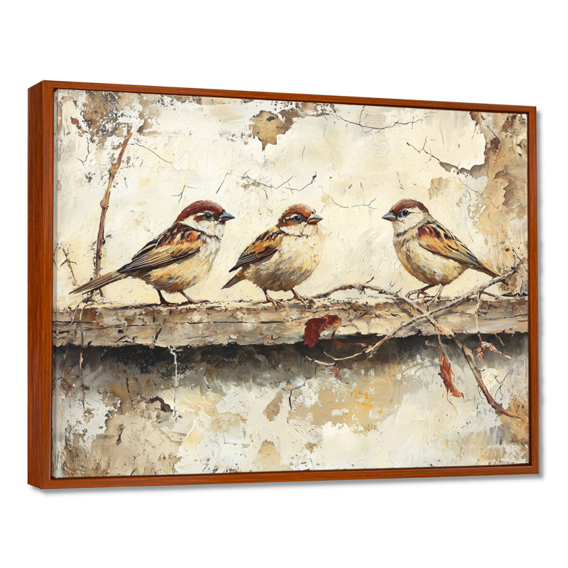 Bird Sparrows By The Farm House - art mural grand oiseau, 30" H x 40" W, Floater Framed, Brun
