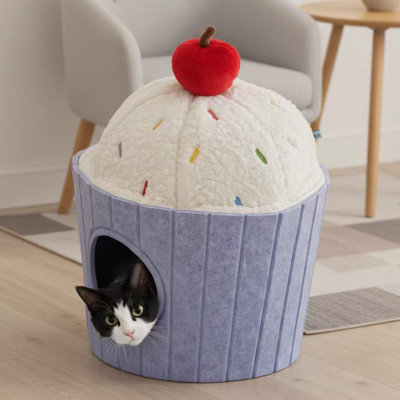 Premium Felt & Plush Cupcake-Shaped Cat Cave with Detachable Cherry Toy - Enclosed Cozy Pet Bed for Indoor Cats and Living Room Decor