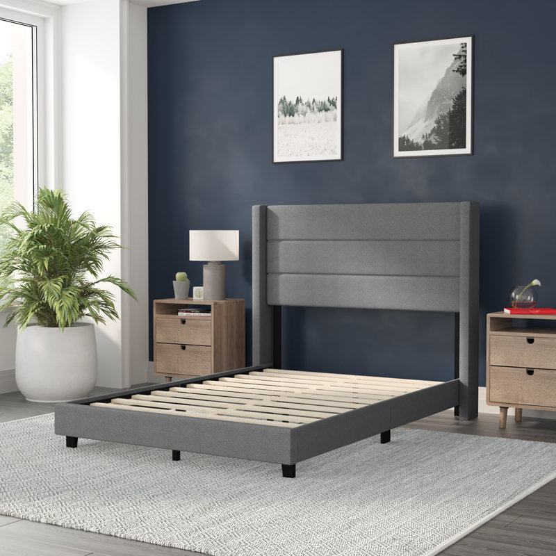 Lit plateforme tapissier avec tête de lit à oreilles et sommier à lattes, Double, Gris