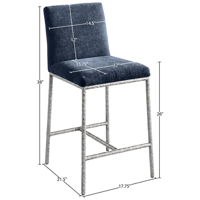 Tabouret de comptoir rembourré Reeves, Argent brossé, Tissu chenille bleu marine