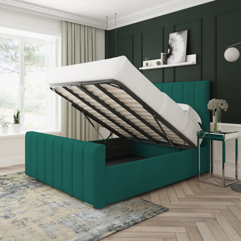 Oakley Plush Velvet Upholstered Ottoman Bed Frame, Double (4'6), Green
