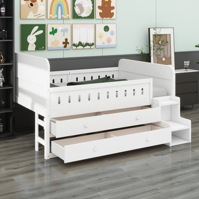 Lit en bois avec lumière DEL, tiroirs de rangement, Blanc