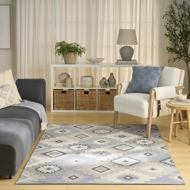 Marther Flatwoven Wool Ivory Blue Modern Indoor Rug, Rectangle 8' x 10'