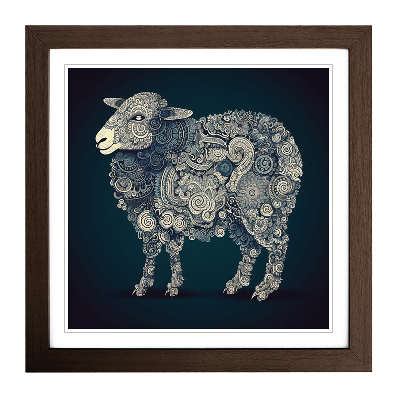 Sheep Paisley No.3 - Single Picture Frame Print on Wood, Walnut