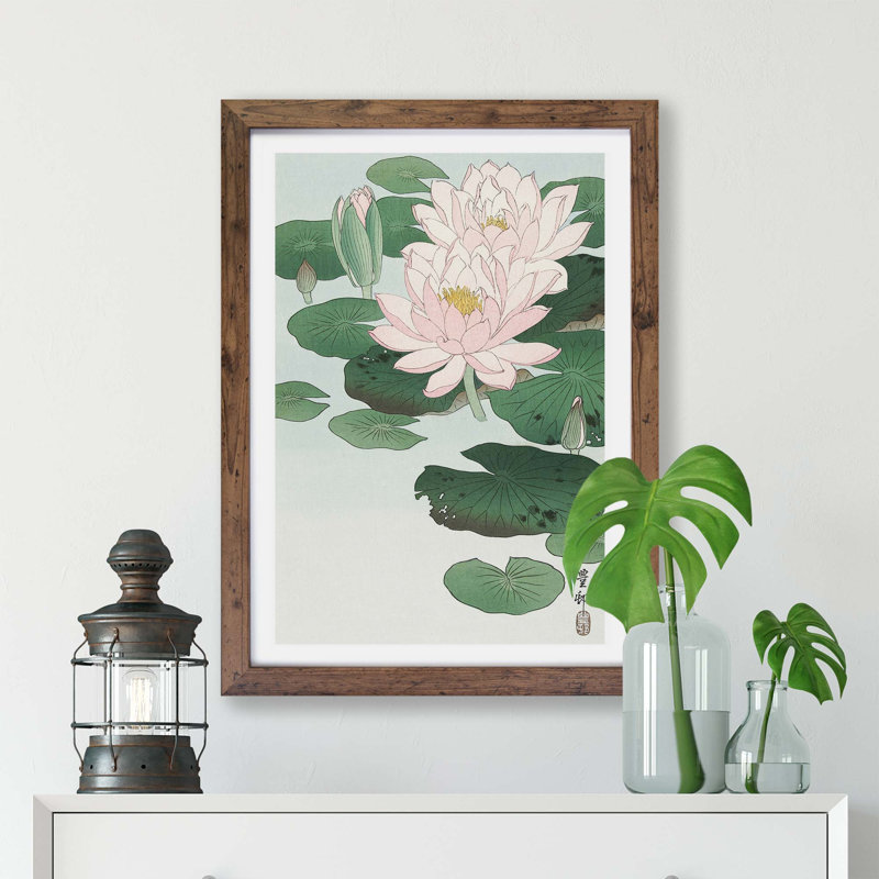 Pink Water Lilies by Ohara Koson - Single Picture Frame Painting, 33cm H x 45cm W x 2cm D, Walnut