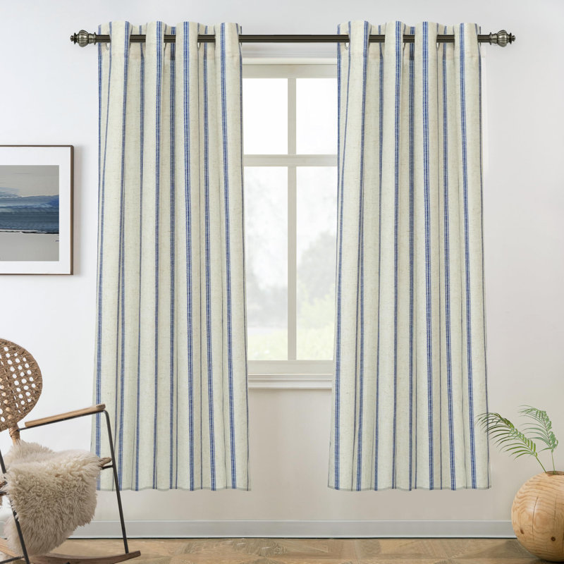Blackout Curtain Pair, 52" W x 84" L, Navy Stripe/Light Linen