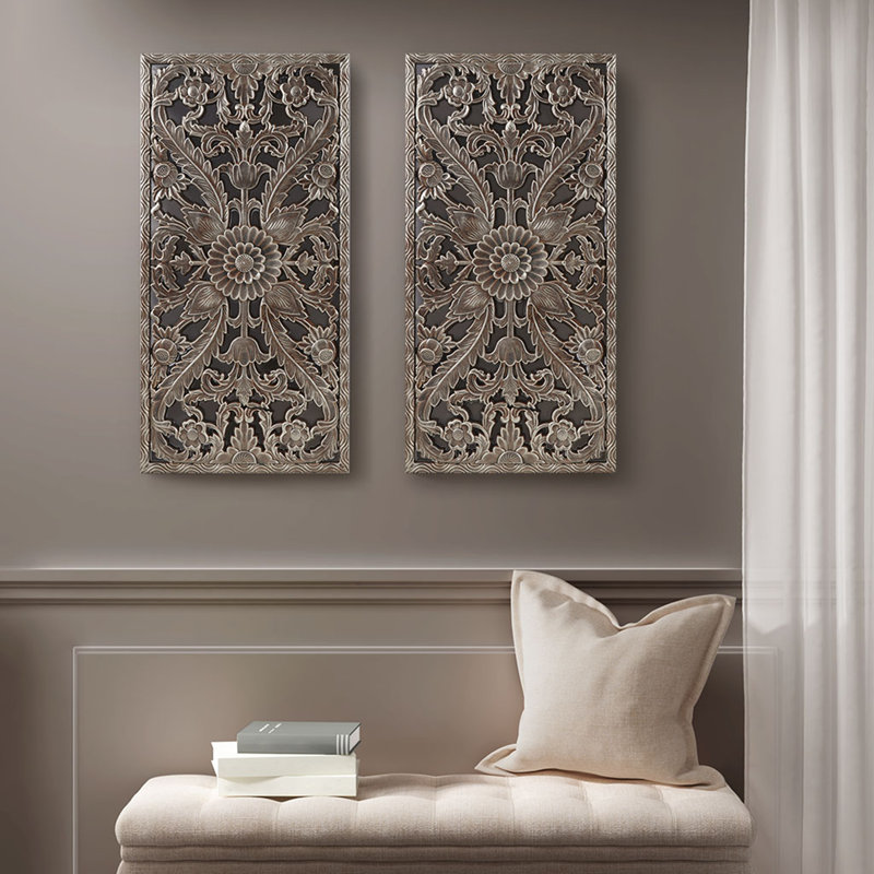 Ensemble de 2 décorations murales en bois sculpté vieilli, Bronze